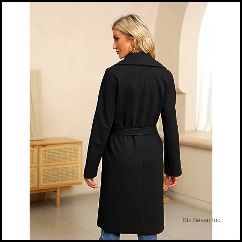 Long Wool Blend Pea Coat with Belt Notched Lapel Collar Winter Overcoat - Picture 5 of 7